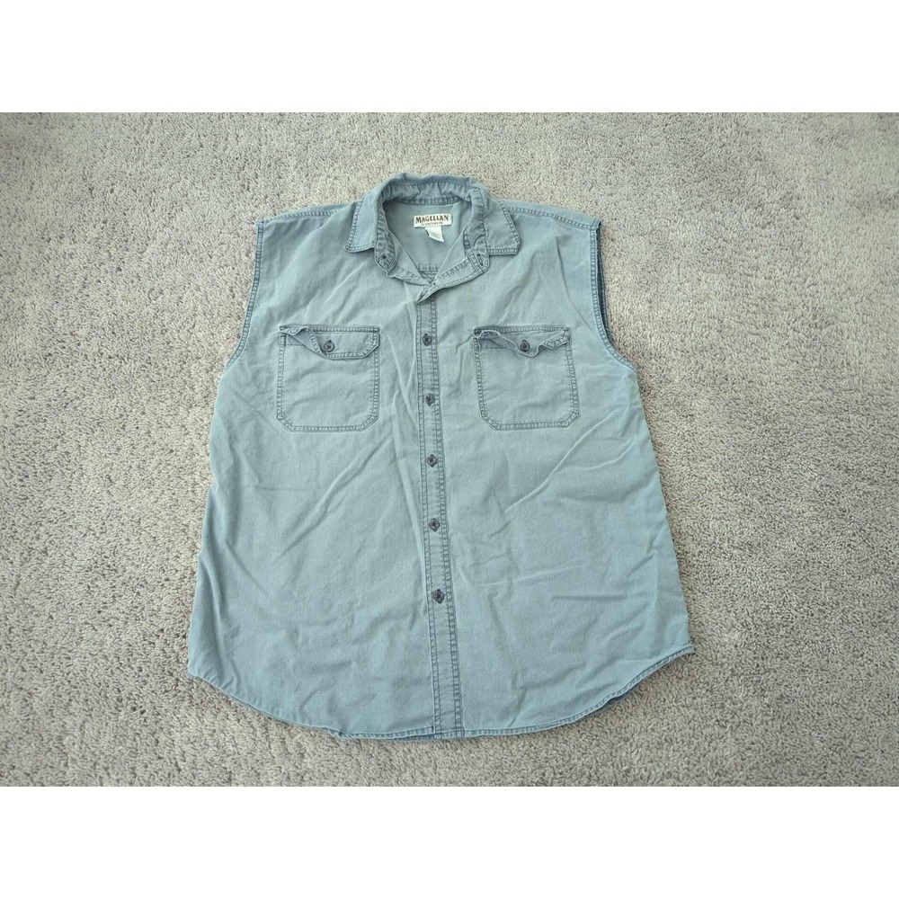 Magellan Sportswear Denim Shirt Mens L Blue Sleeveless Button Up Outdoor